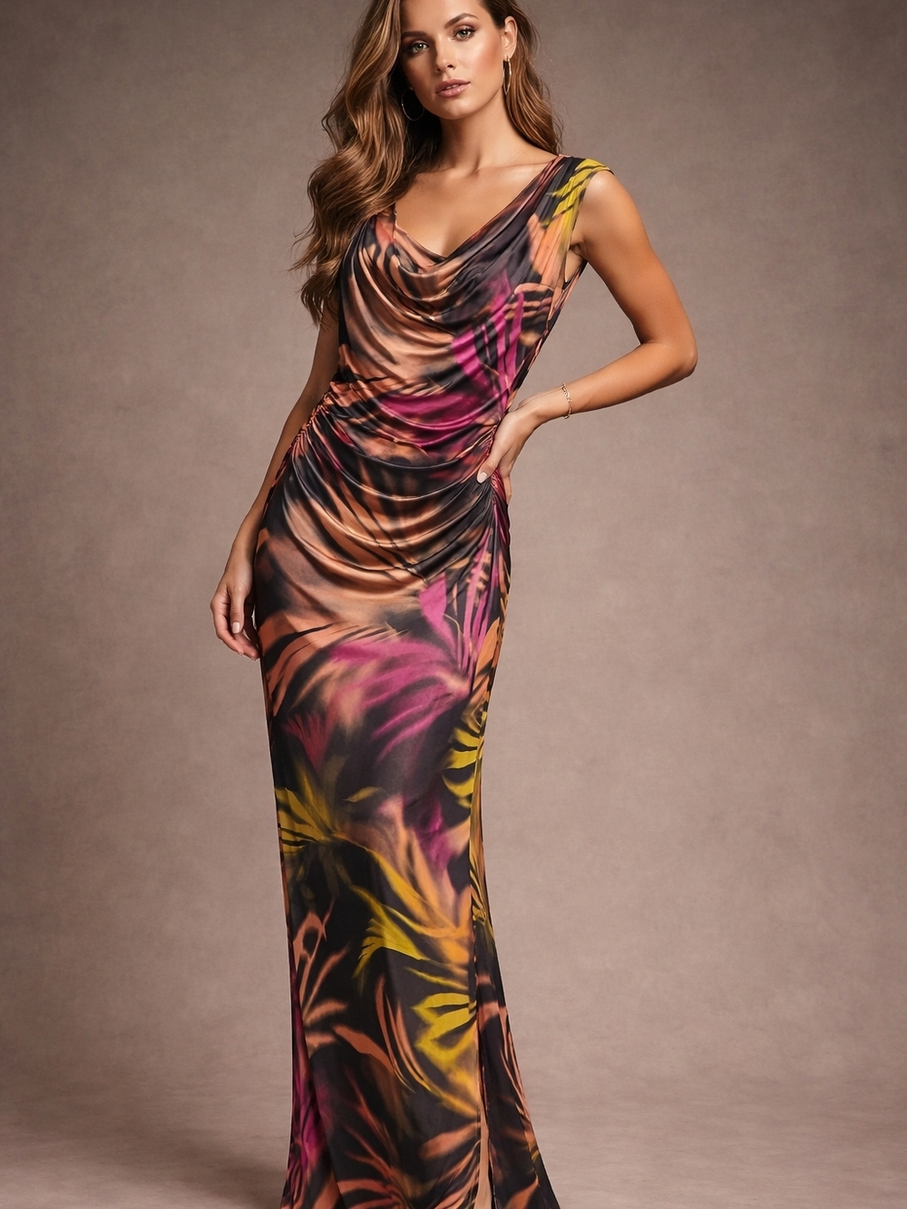 Zara Sleeveless Cowl Neck Maxi Dress in Black, Pink, Yellow
